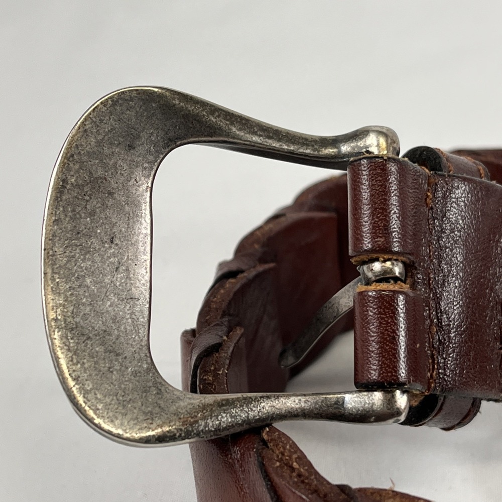 VTG Leather‎ Link Belt Men M Genuine Leather Bourbon Brown Metal Buckle Stitch - Picture 4 of 8